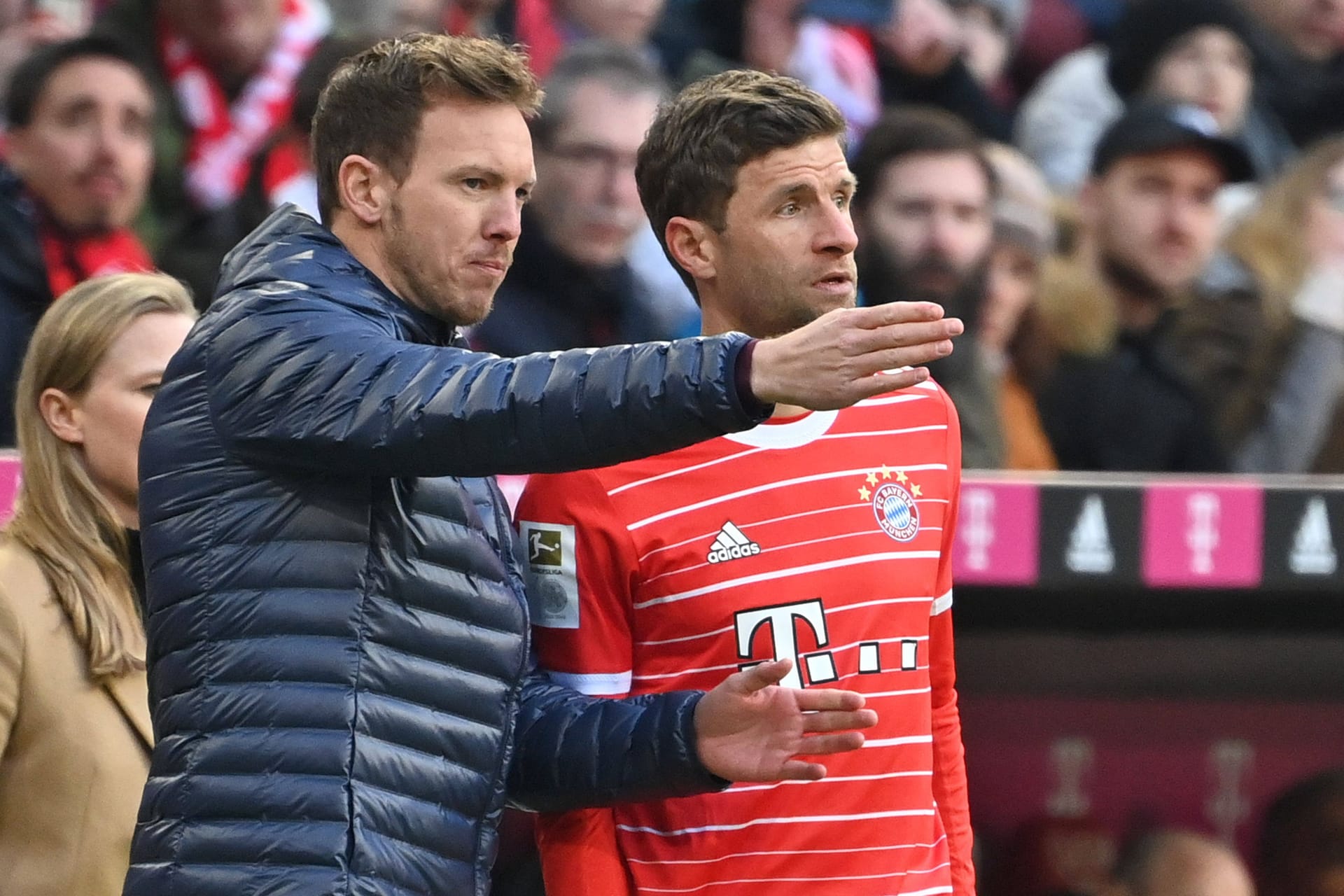 Thomas Müller (r.) mit Julian Nagelsmann: Jetzt äußert auch Müller sich zum Aus seines Trainers.