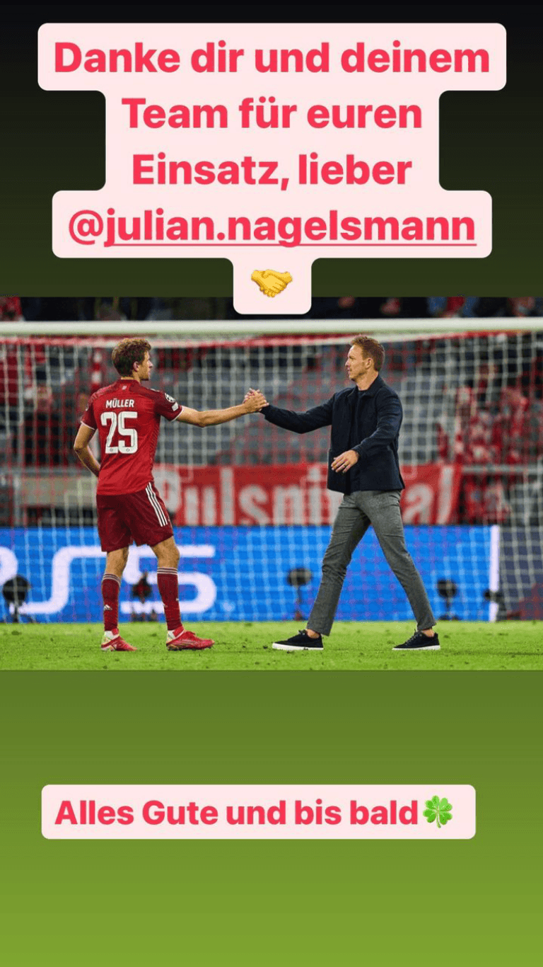 Thomas Müllers Instagram-Post: Er verabschiedete sich mit knappen Worten von Julian Nagelsmann.