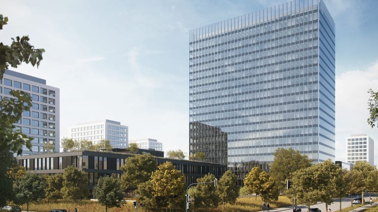 Entwurfsansicht des Siemens-Gebäudes in der Baierbrunner Straße 54, wie es einmal nach der Sanierung aussehen soll.