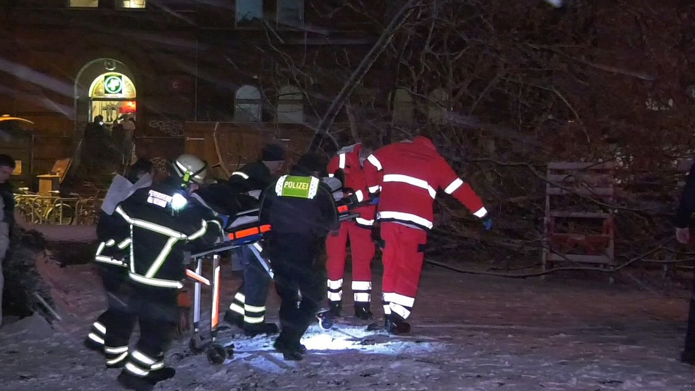 Rettungskräfte versorgen in Hamburg Jugendliche: Ein Baum hat mehrere junge Menschen schwer verletzt.