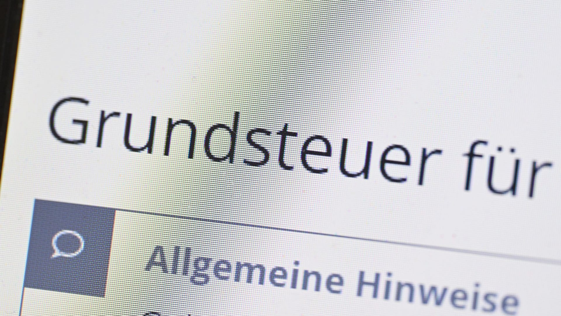 Das Wort Grundsteuer erscheint auf einem Computerbildschirm auf der Seite des Online-Steuerportals Elster.