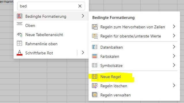 Menüeintrag "Neue Regel" für die "Bedingte Formatierung".