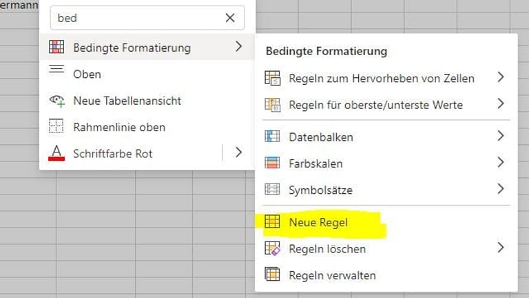 Menüeintrag "Neue Regel" für die "Bedingte Formatierung".