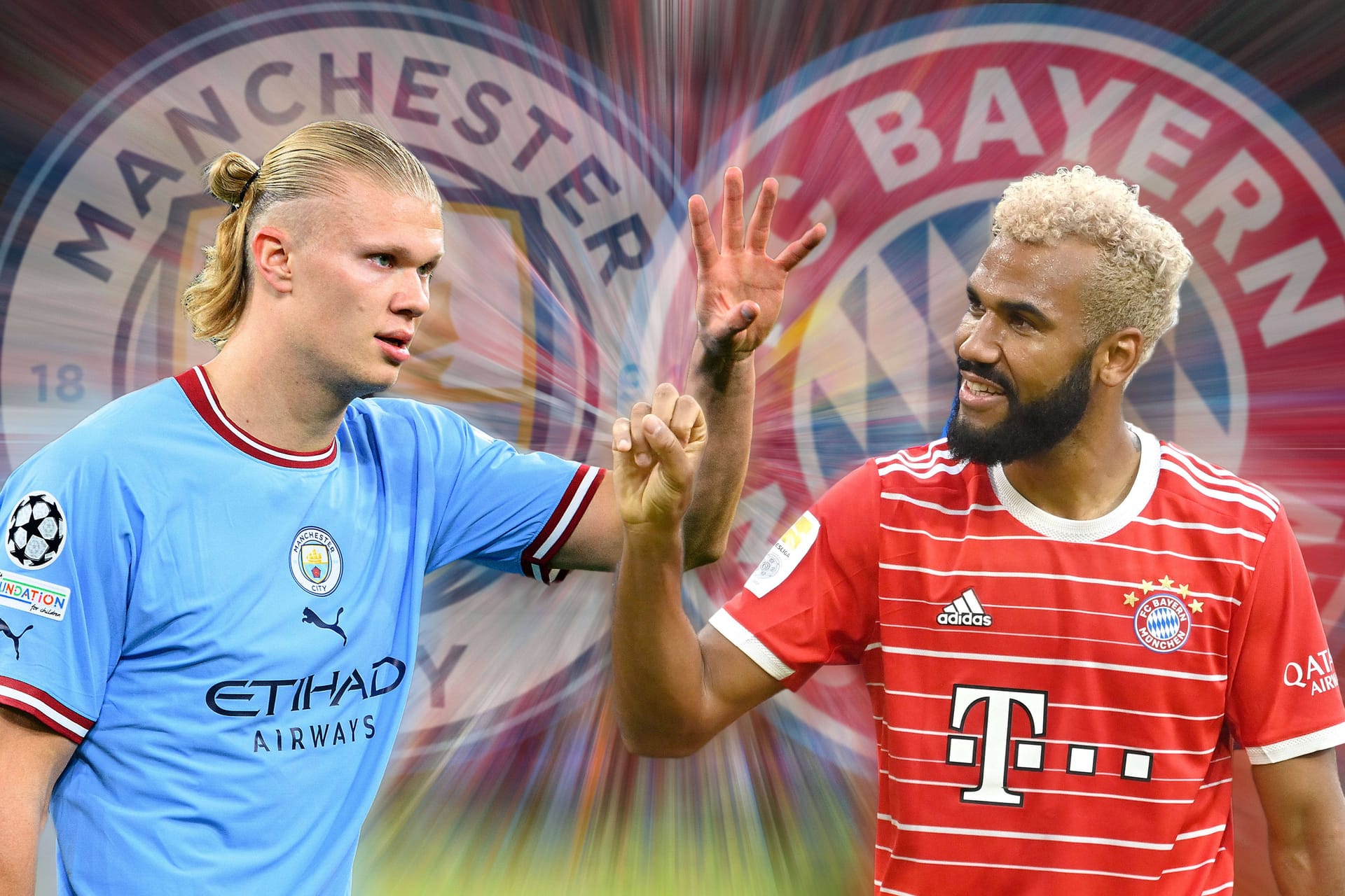 Erling Haaland (l.) und Eric Maxim Choupo-Moting: Die beiden Topstürmer werden beim Duell des FC Bayern mit Manchester City im Fokus stehen.