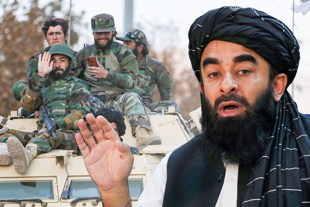 Zabiullah Mudschahid vor einem Militärkonvoi der Taliban (Collage)