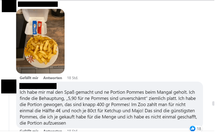Eine Portion Pommes aus dem Dönerladen von Lukas Podolski: Ein User hat dem Preis nichts auszusetzen.