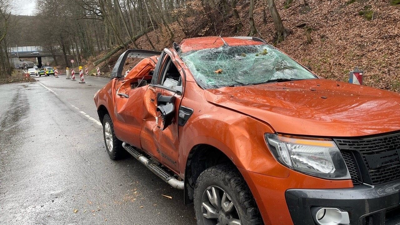 Das Auto wurde von einem umstürzendem Baum erfasst.