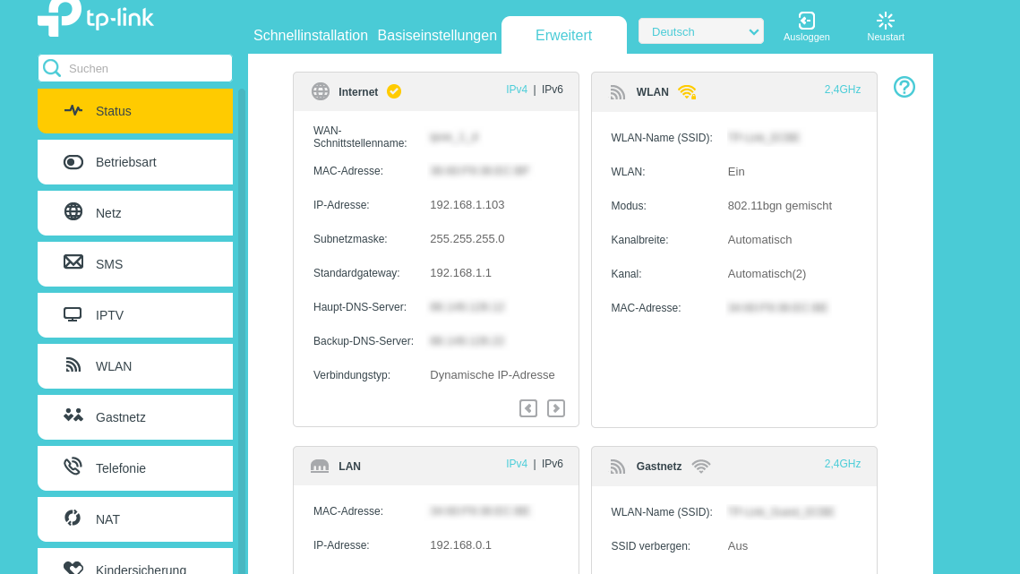 Die Konfigurationsseite des Routers kann ebenfalls Auskunft darüber geben, ob eine Verbindung zum Internetserviceprovider besteht.