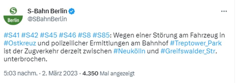 Tweet der S-Bahn: Mittlerweile ist der Beitrag gelöscht.
