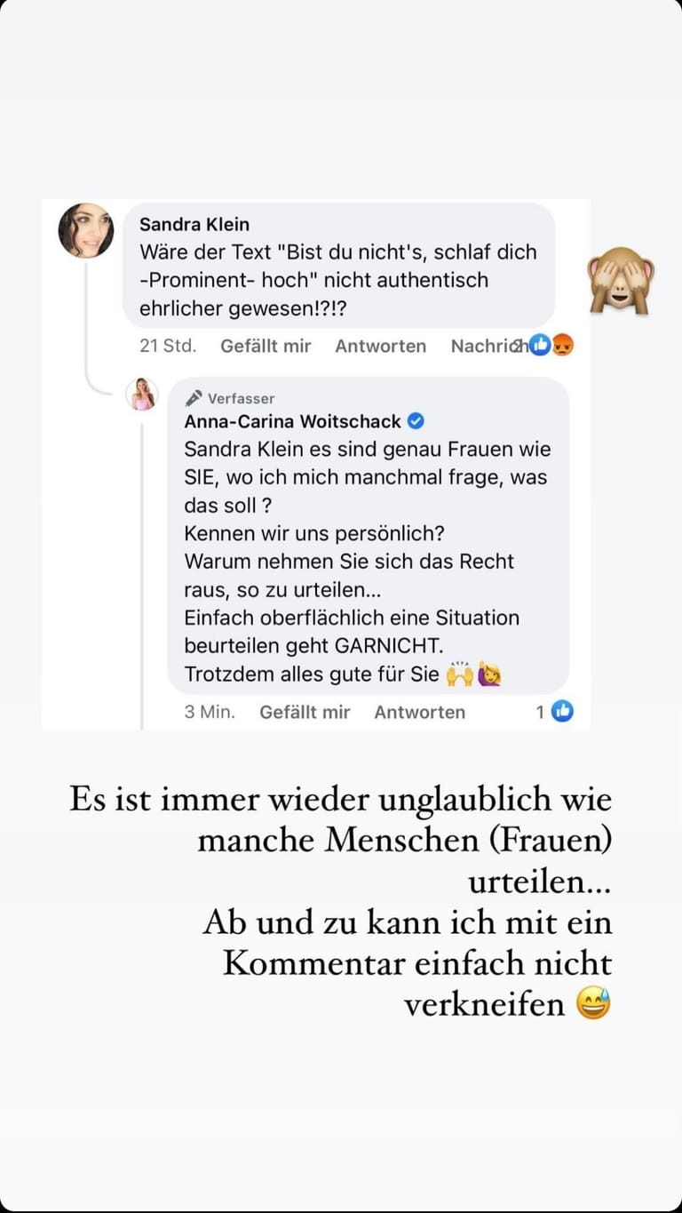 Diesen Hass-Kommentar teilt Anna-Carina Woitschack in ihrer Instagram-Story,