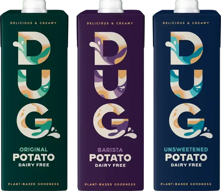 Veganer Kartoffeldrink: "DUG" gibt es in den drei Geschmacksrichtungen Original, Barista und Ungesüßt.