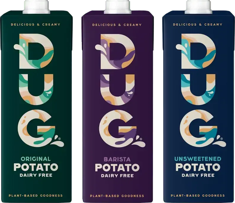 Veganer Kartoffeldrink: "DUG" gibt es in den drei Geschmacksrichtungen Original, Barista und Ungesüßt.