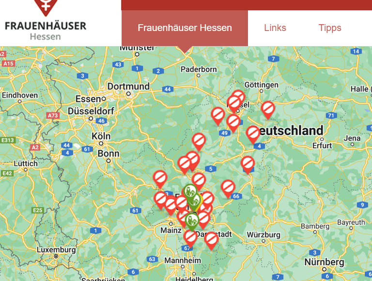 Auf der Landkarte von Hessen sind alle Frauenhäuser angeordnet. Alle Häuser, mit einem roten Balken, sind voll.