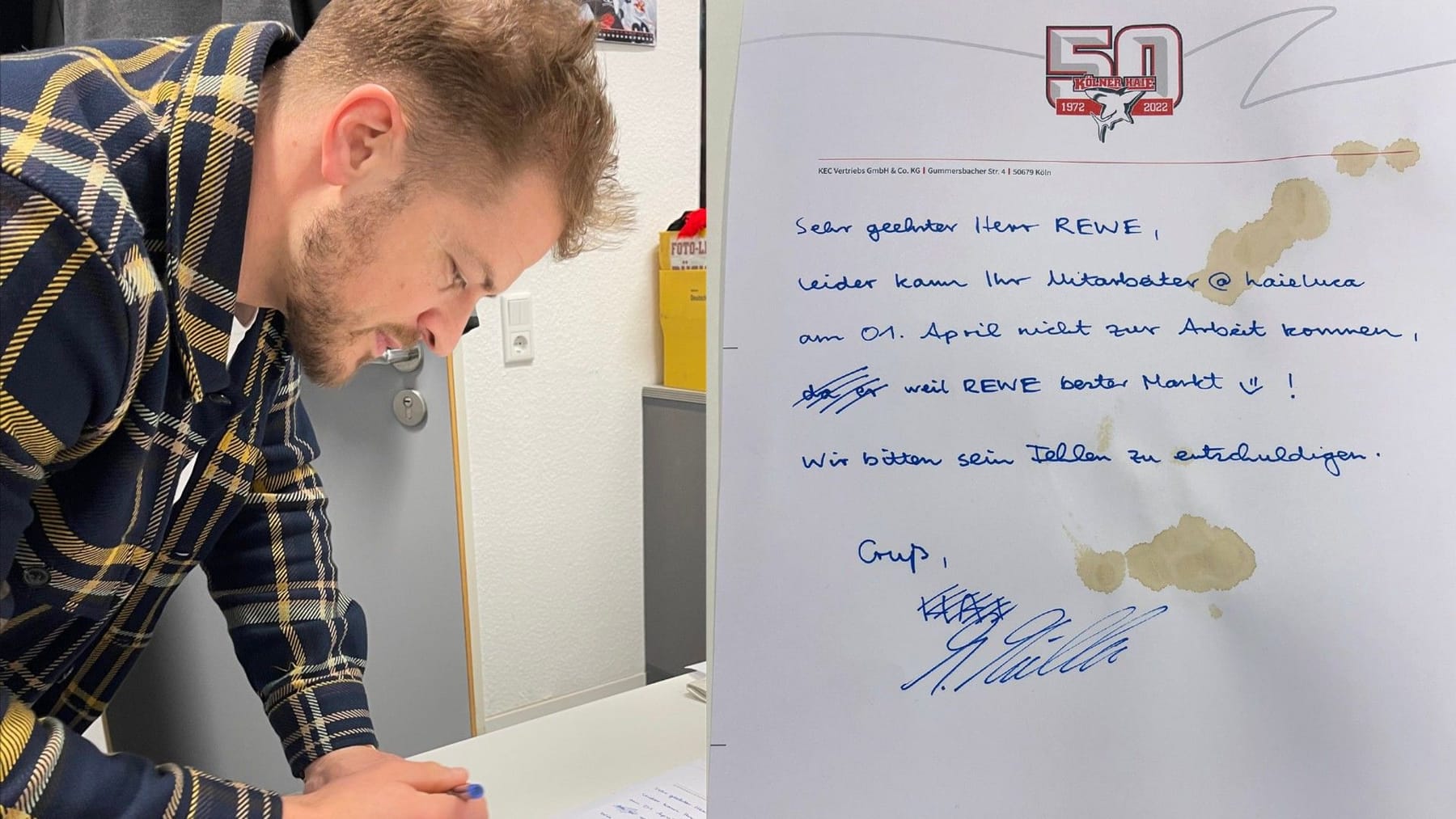 Rewe-Mitarbeiter will auf Kölner-Haie-Party Eishockey-Legende hilft
