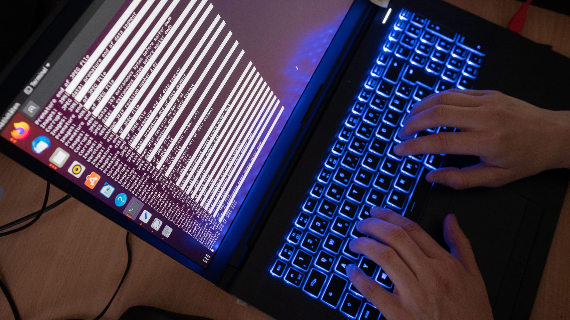 Eine Person bedient einen Laptop (Symbolfoto): Die Ermittlungen befinden sich nach Angaben der Fahnder erst am Anfang. Eine Person bedient einen Laptop (Symbolfoto): Die Ermittlungen befinden sich nach Angaben der Fahnder erst am Anfang.