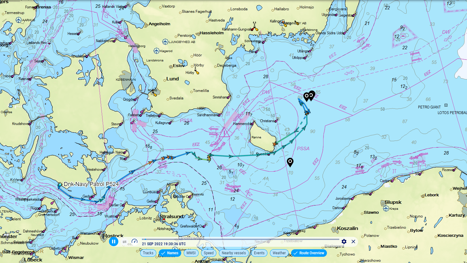 Route of a Danish patrol boat on September 21 and 22: Did unidentified Russian ships make it necessary to check at the later scene?