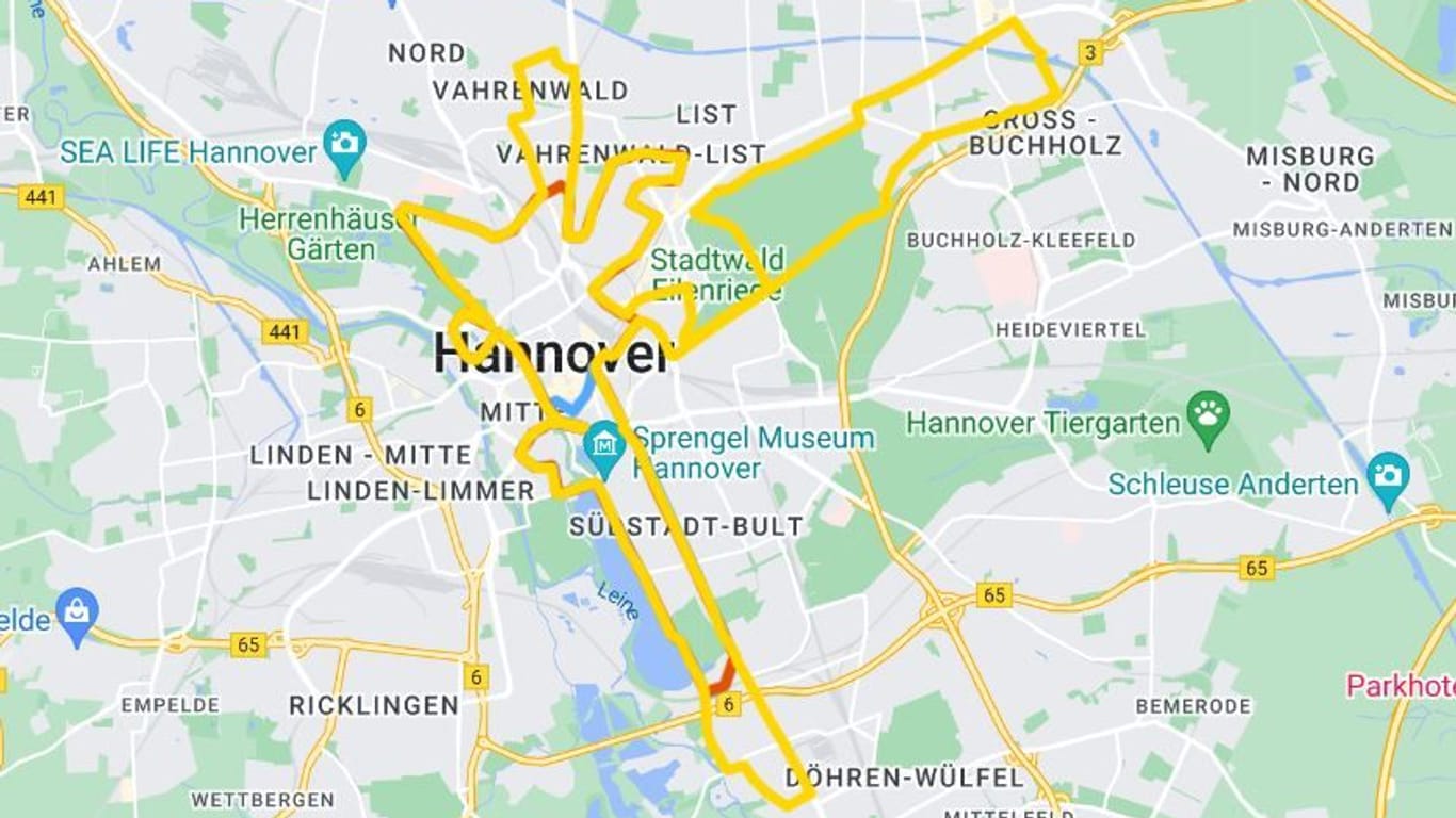 Streckenverlauf des Hannover-Marathons: Start und Ziel ist das Neue Rathaus.