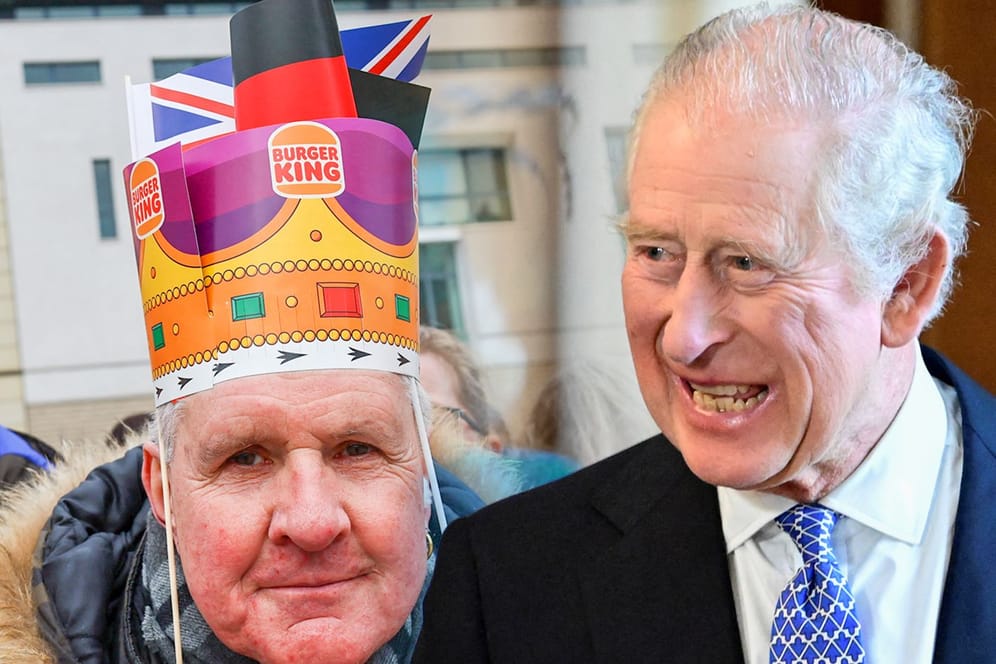 Prinz Charles auf Besuch in Deutschland, Menschen mit Papp-Kronen (Collage)