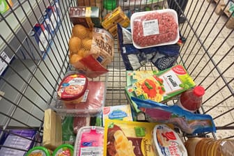 Einkauf in einem Supermarkt oder Discounter zu Zeiten von Inflation. Einkaufswagen, Warenkorb, Einkaufskorb, Preisvergleich, Teuerung, Grundnahrungsmittel, Einkauf in Zeiten von Krieg in der Ukraine und Inflation.