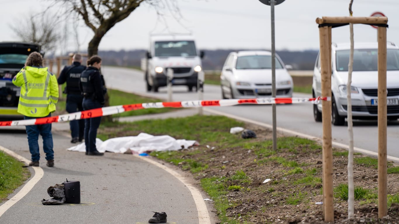 Die Unfallstelle auf der Landstraße im Kreis Groß-Gerau: Der Radfahrer starb noch vor Ort.