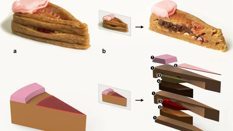 Das Schaubild zeigt, wie ein Stück Kuchen im 3D-Drucker hergestellt wird.