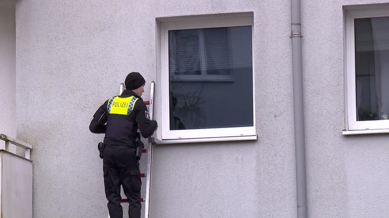 Ein Polizist klettert mit einer Leiter an ein Fenster: In Hamburg stieß die Polizei auf mehrere verelendete und tote Katzen.