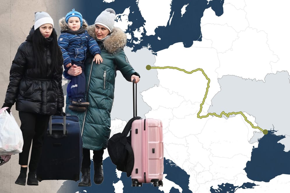 Eine Gruppe ukrainischer Flüchtenden vor einer Europakarte (Collage)