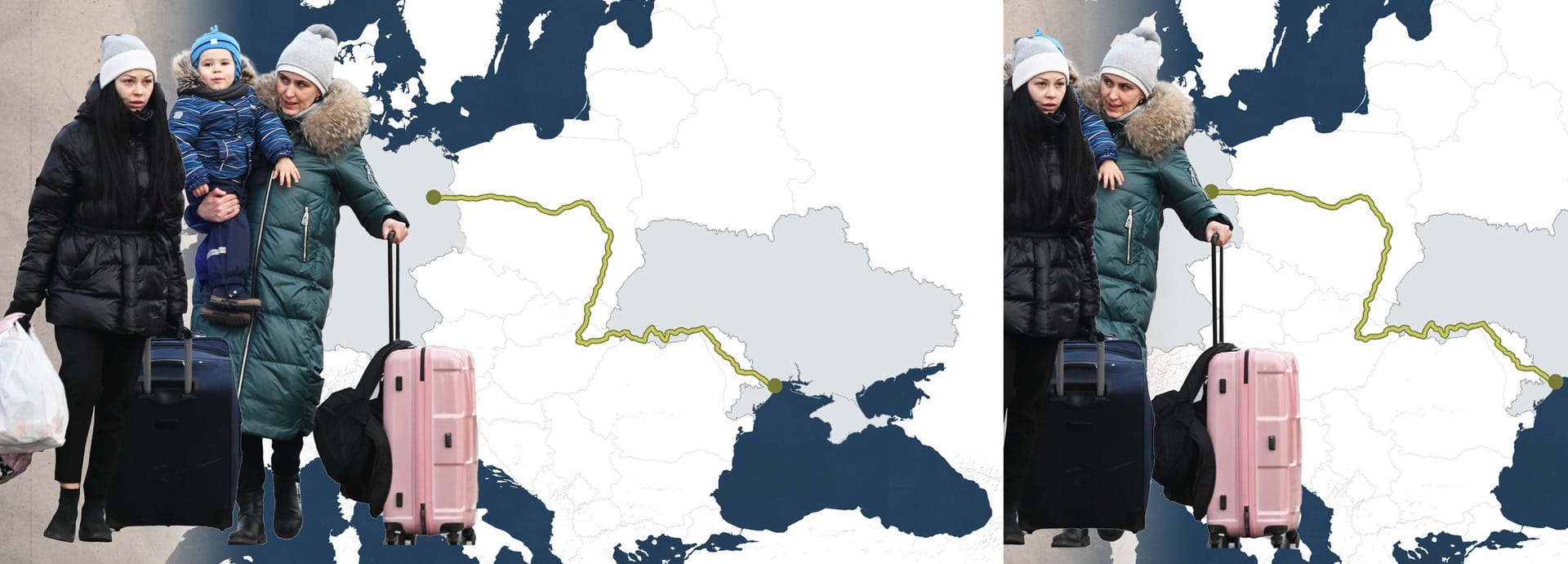 Eine Gruppe ukrainischer Flüchtenden vor einer Europakarte (Collage)