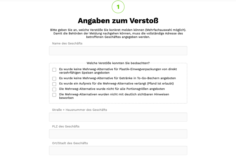 Das neue Meldeportal von Greenpeace: Hier können Verstöße gegen das neue Mehrweggesetz gemeldet werden.