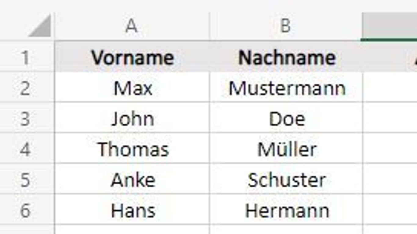 Beispieldatensätze in Excel.