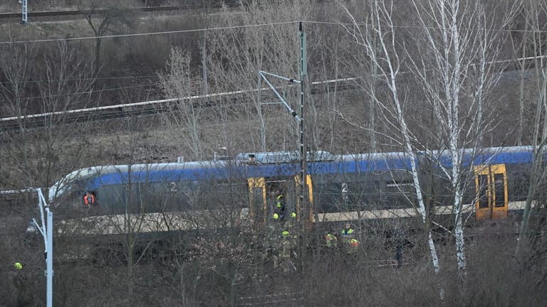 Einsatzkräfte am verunfallten Zug: Die 25 Passagiere blieben unverletzt.