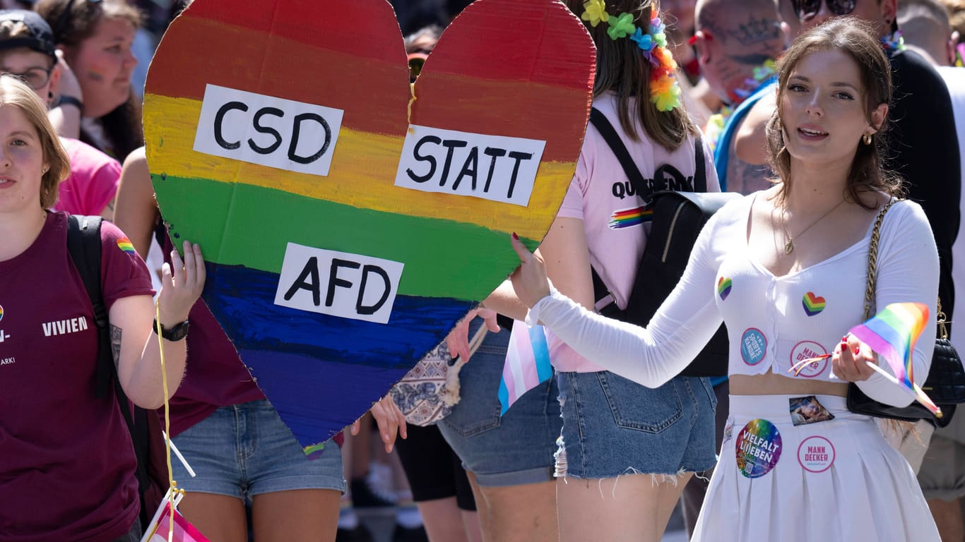 "Christopher Street Day statt AfD": Für die AfD ist die Regenbogenfahne ein Feindbild - und die AfD ist es auf Demonstrationen wie dem CSD.
