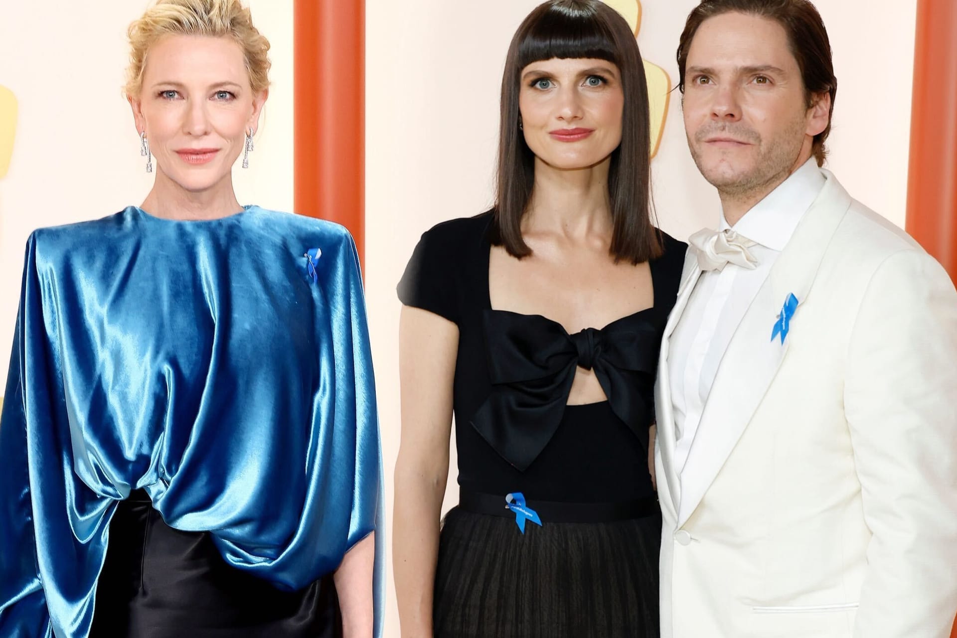 Cate Blanchett, Daniel Brühl und seine Frau Felicitas Rombold tragen eine blaue Schleife.