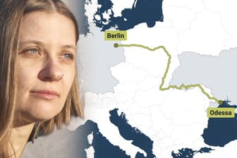 Ein Geflüchtete aus der Ukraine vor einer Europakarte (Collage)