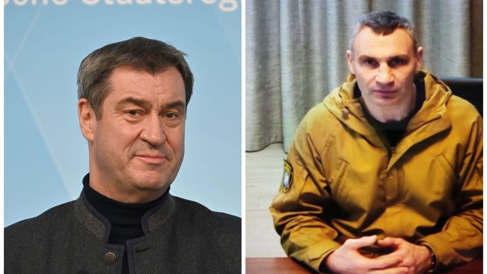 Vitali Klitschko (rechts) war am Donnerstag in einer Schalte mit der bayerischen Regierung um Markus Söder zugeschaltet (Archivbilder): Söder versprach nun mehr Hilfe für die Ukraine.