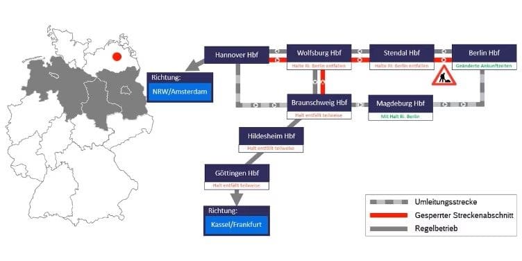 Eine Grafik zeigt die Änderungen im Bahnverkehr während der Bauarbeiten.