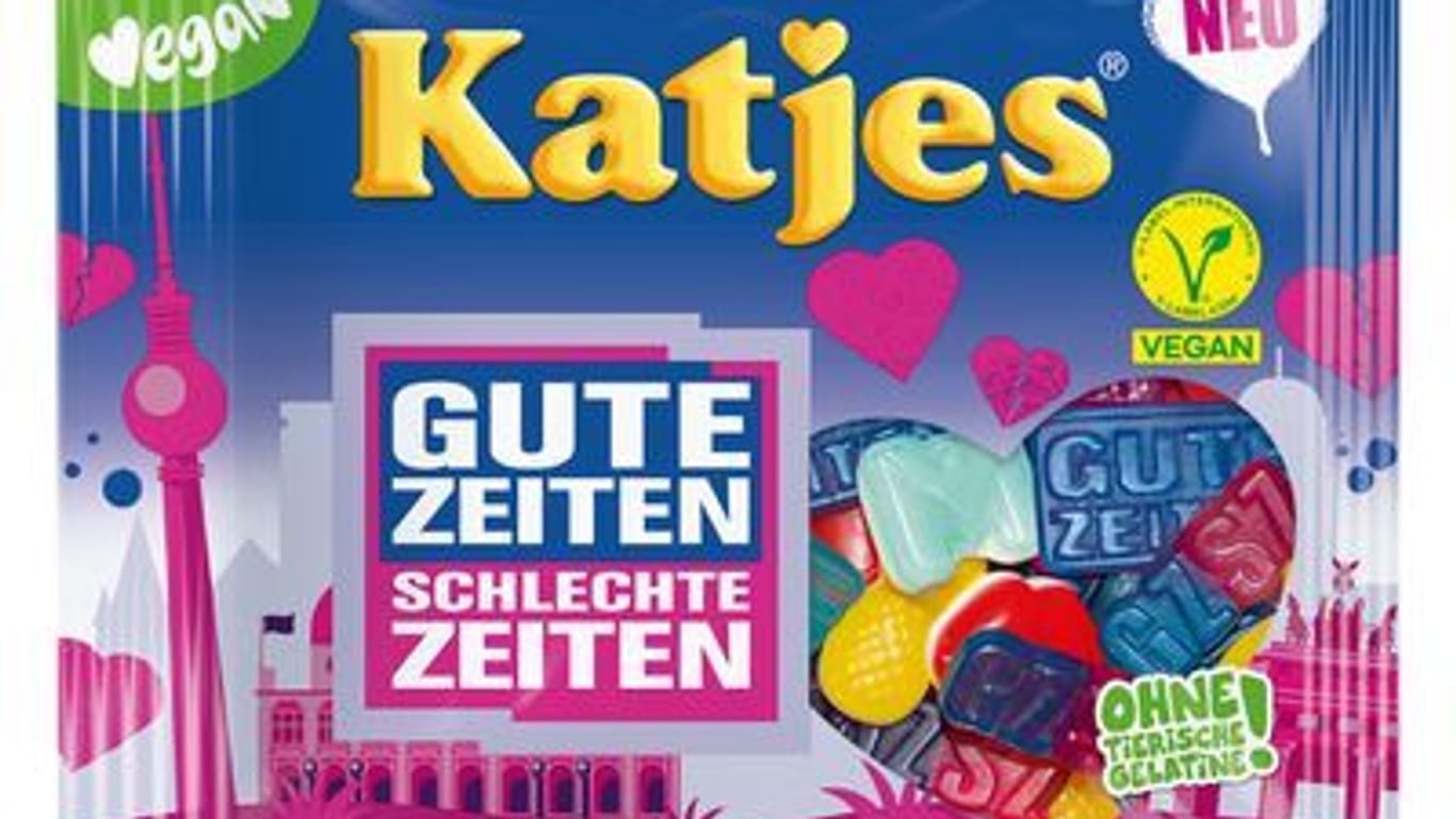 Vegane Gute Zeiten, schlechte Zeiten-Fruchtgummis von Katjes: Das Weingummi gibt es in den Geschmacksrichtungen Ananas, Birne, Saure Johannisbeere, Himbeere, Limette, Kirsche und Erdbeere.