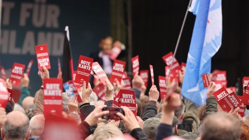 "Rote Karte für Deutschlandhasser und Kriegstreiber": Bei so gut wie jeder Demonstration verteilt die AfD Material an ihr Publikum.