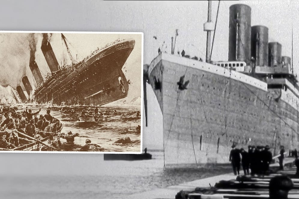 Historische Aufnahme der Titanic und Illustration ihres Untergangs (Collage)