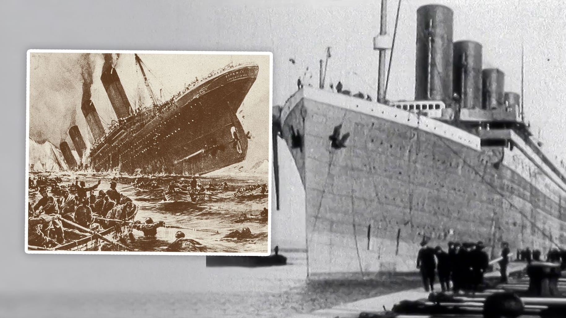 Historische Aufnahme der Titanic und Illustration ihres Untergangs (Collage)
