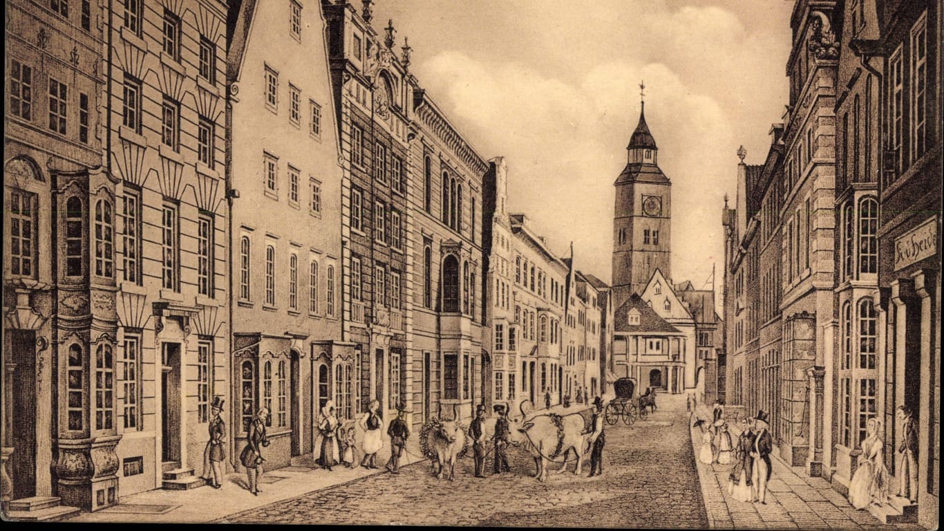 Historische Ansicht der Obernstraße in Bremen: Das Foto zeigt die Straße um etwa 1935. Etwa 100 Jahre zuvor lebte Gesche Gottfried hier. Heute ist dort die Einkaufsmeile der Stadt zu finden.