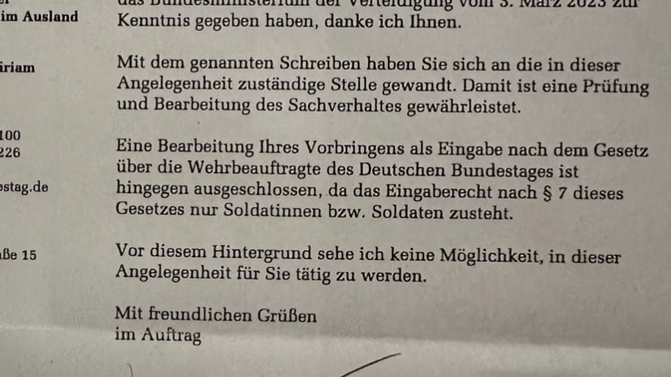 Schreiben des Büros der Wehrbeauftragten Eva Högl (SPD)