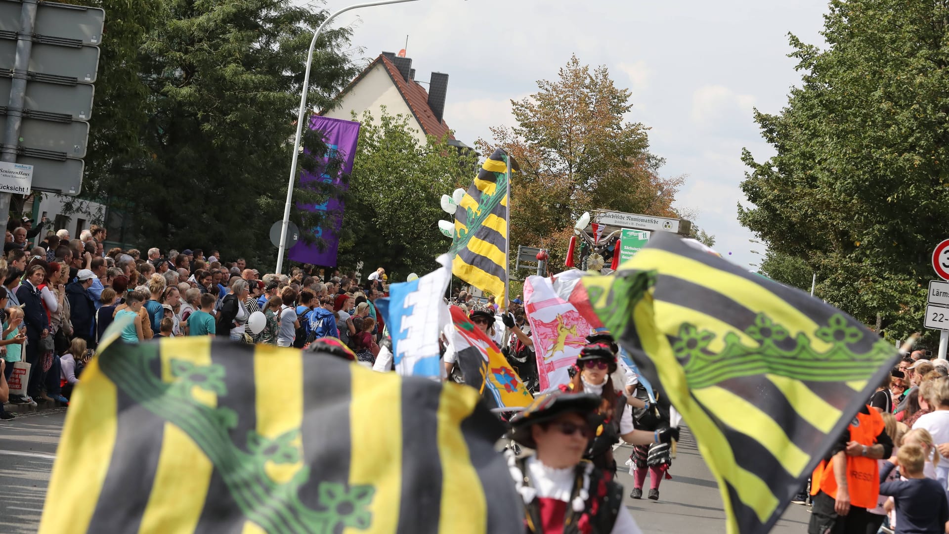 Der Verein der Sächsischen Fahnenschwinger beim Festumzug 2019 in Riesa.