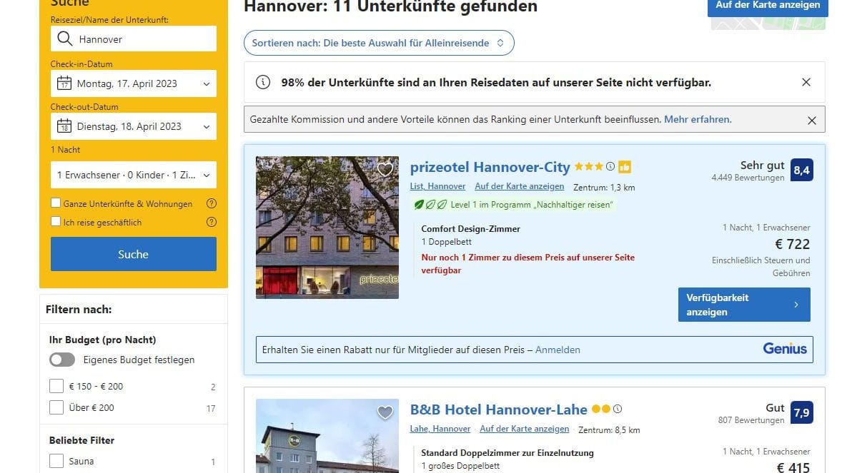 Hotelpreise zur Hannover Messe: Eine Nacht kann, relativ kurzfristig gebucht, auch mal über 700 Euro kosten.