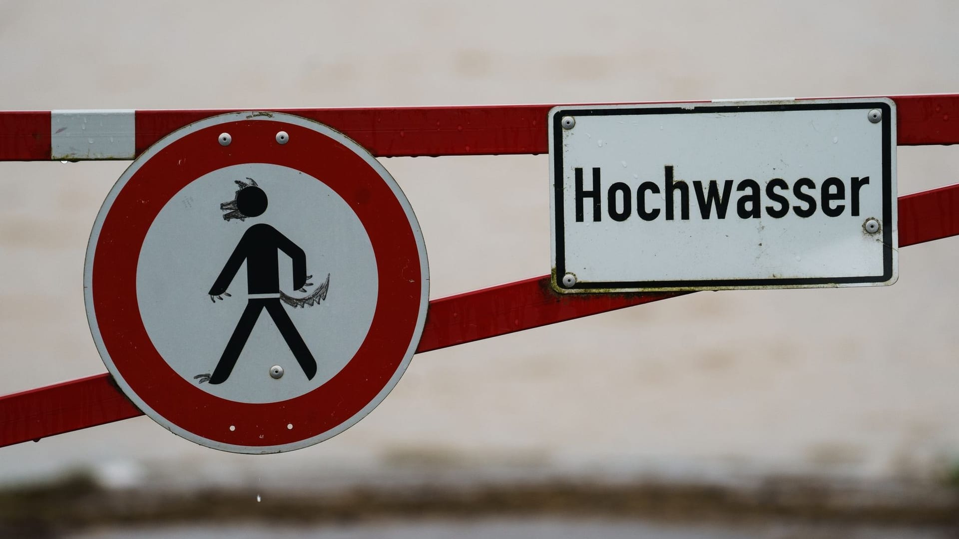 Ein Hochwasser-Schild steht an einem überfluteten Feld (Symbolbild): Am Donnerstag kann es ungemütlich werden.