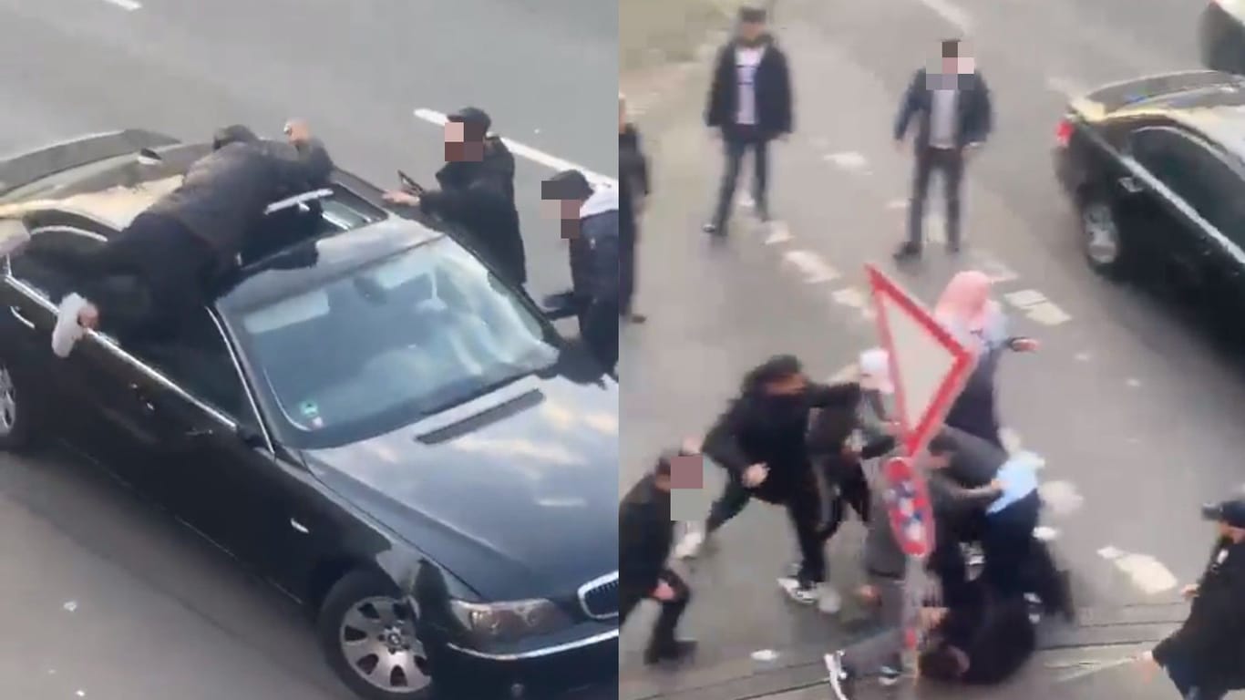 Szenen der Prügelei: Ein Mann springt aufs Dach eines Autos und drischt auf die Insassen ein.