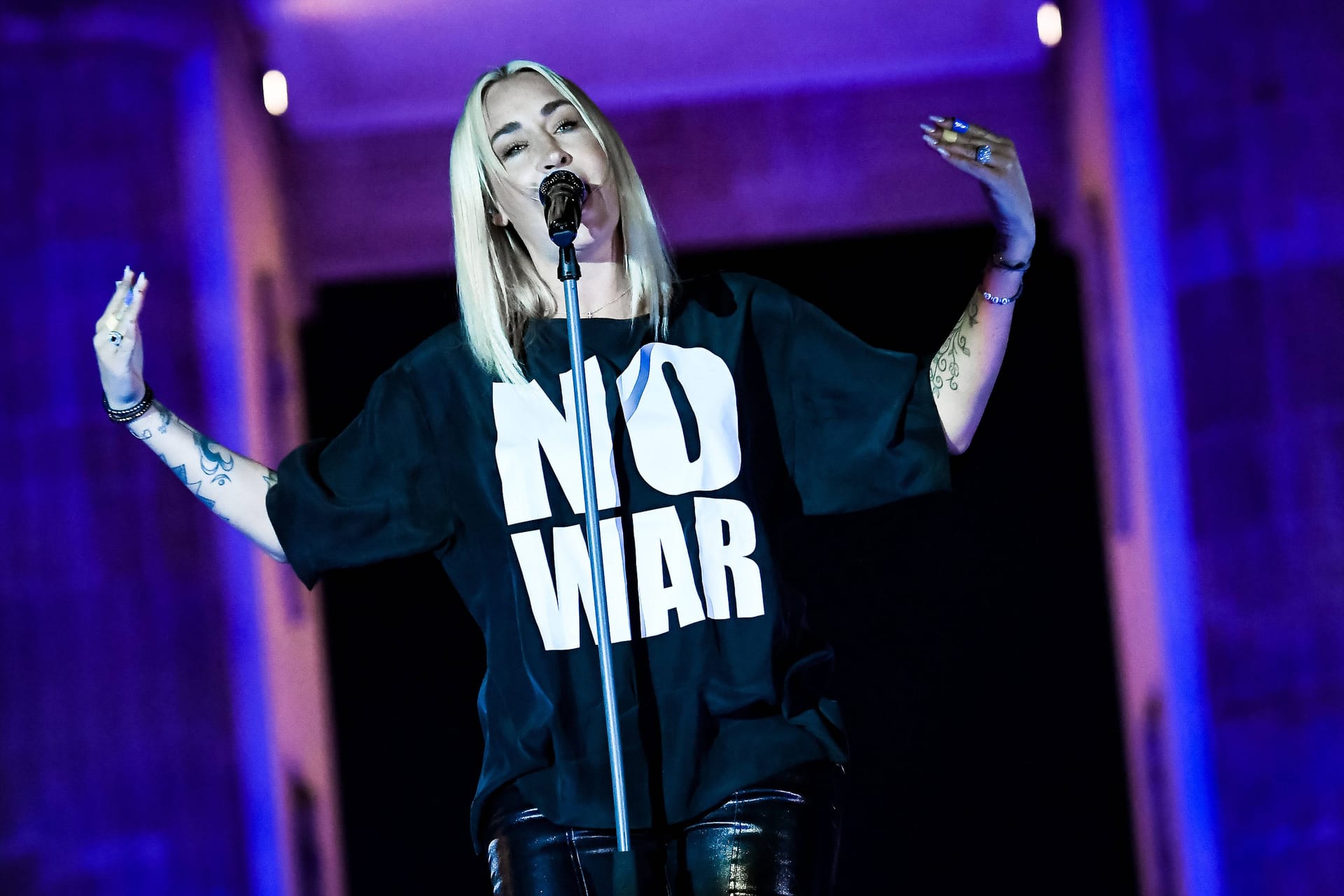 "No War: Sarah Connor im März 2022 bei einem Auftritt in Berlin.