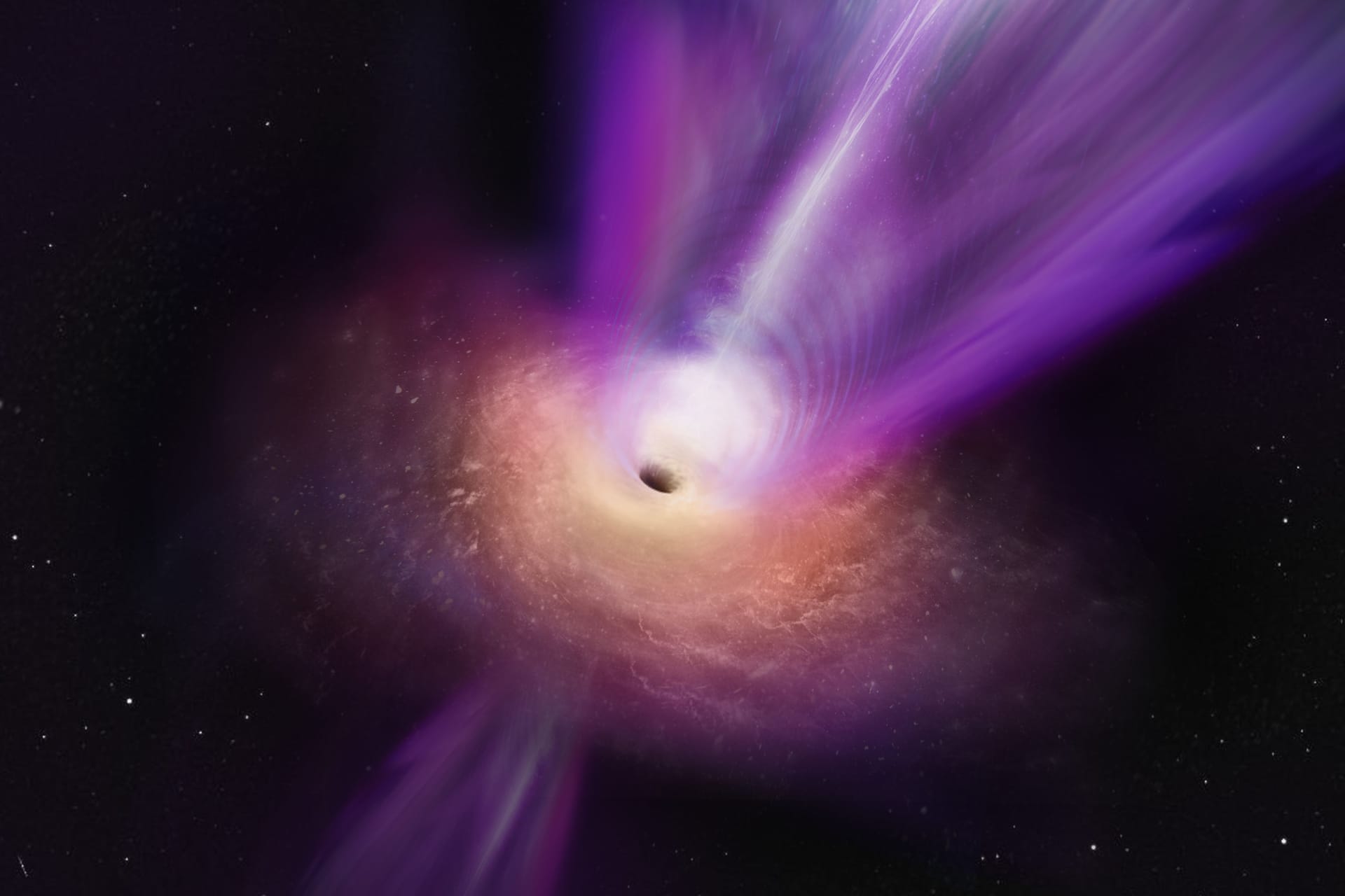 Wissenschaftler, die den kompakten Radiokern von M87 beobachten, haben neue Details über das supermassereiche Schwarze Loch in der Galaxie entdeckt. In dieser künstlerischen Darstellung ist der massive Jet zu sehen, der aus dem Zentrum des Schwarzen Lochs aufsteigt. Der Jet entsteht durch die Energie, die von den Magnetfeldern um den rotierenden Kern des Schwarzen Lochs und von den Winden erzeugt wird, die aus der Akkretionsscheibe des Schwarzen Lochs aufsteigen. Die Beobachtungen sind die ersten, bei denen der Jet und das Schwarze Loch gemeinsam abgebildet wurden, und ermöglichen den Wissenschaftlern neue Einblicke in den kompakten Radiokern von M87. Die Beobachtungen zeigten auch, dass der Ring des Schwarzen Lochs 50 Prozent größer ist als bisher angenommen.