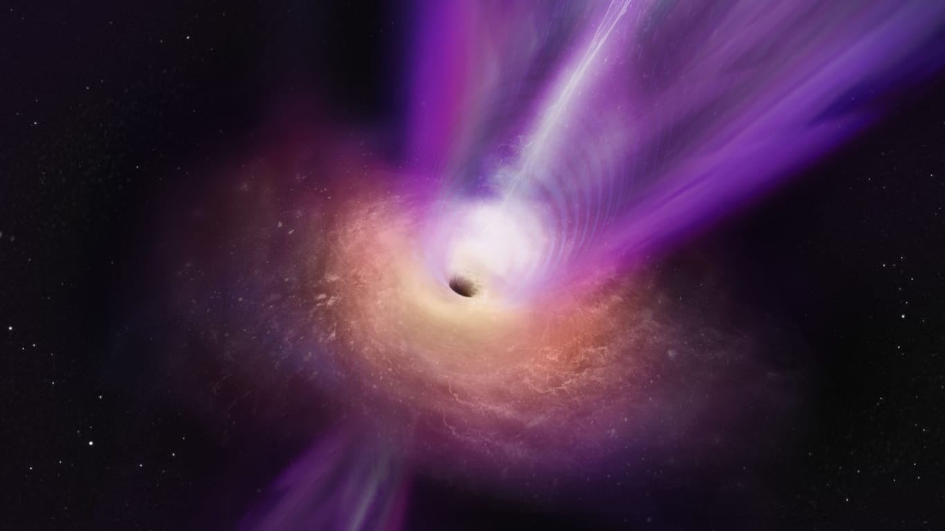 Wissenschaftler, die den kompakten Radiokern von M87 beobachten, haben neue Details über das supermassereiche Schwarze Loch in der Galaxie entdeckt. In dieser künstlerischen Darstellung ist der massive Jet zu sehen, der aus dem Zentrum des Schwarzen Lochs aufsteigt. Der Jet entsteht durch die Energie, die von den Magnetfeldern um den rotierenden Kern des Schwarzen Lochs und von den Winden erzeugt wird, die aus der Akkretionsscheibe des Schwarzen Lochs aufsteigen. Die Beobachtungen sind die ersten, bei denen der Jet und das Schwarze Loch gemeinsam abgebildet wurden, und ermöglichen den Wissenschaftlern neue Einblicke in den kompakten Radiokern von M87. Die Beobachtungen zeigten auch, dass der Ring des Schwarzen Lochs 50 Prozent größer ist als bisher angenommen.
