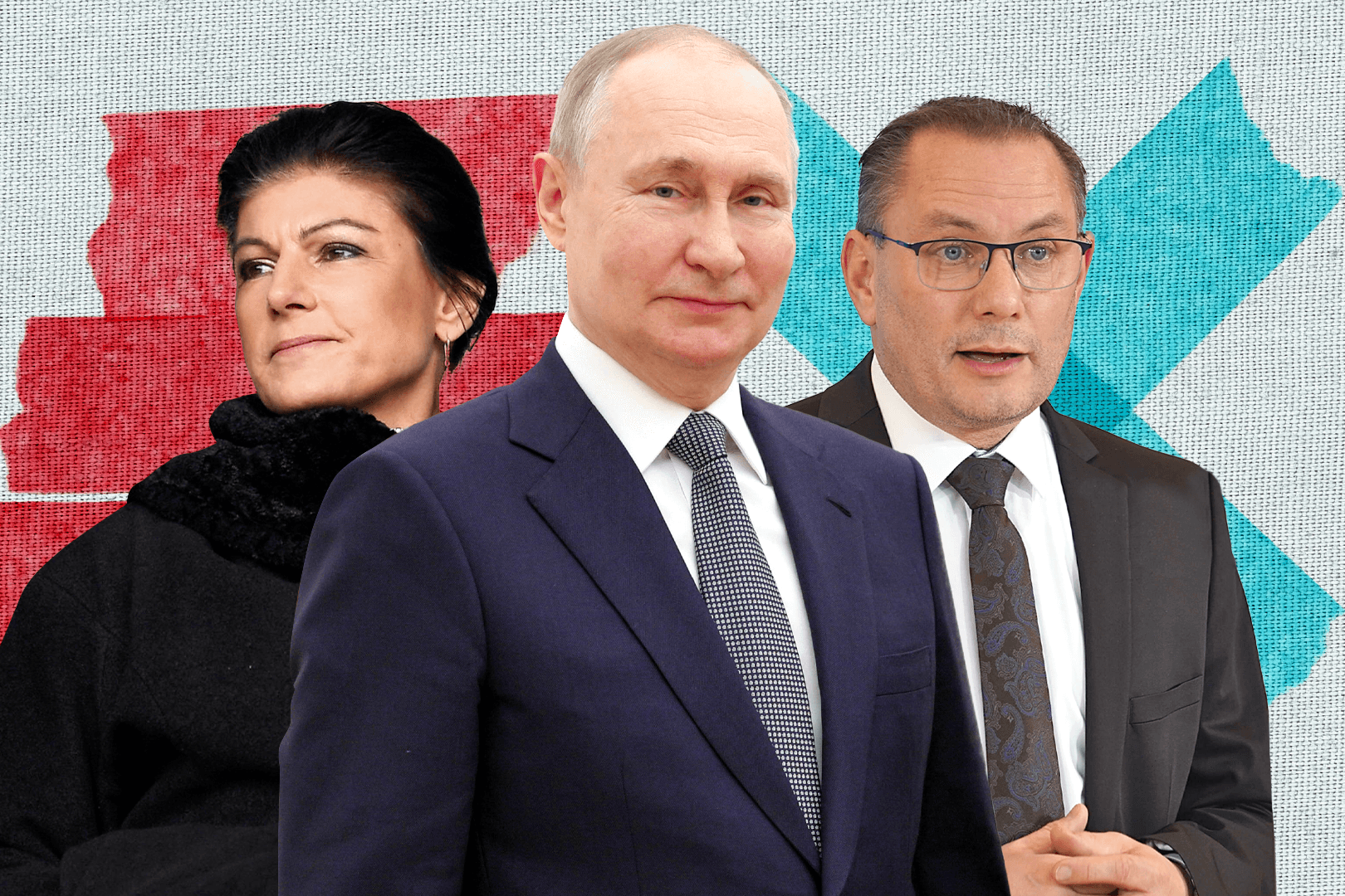 Sahra Wagenknecht (Linke), Wladimir Putin, Tino Chrupalla (AfD): Russland hofft auf Linke wie Rechte.